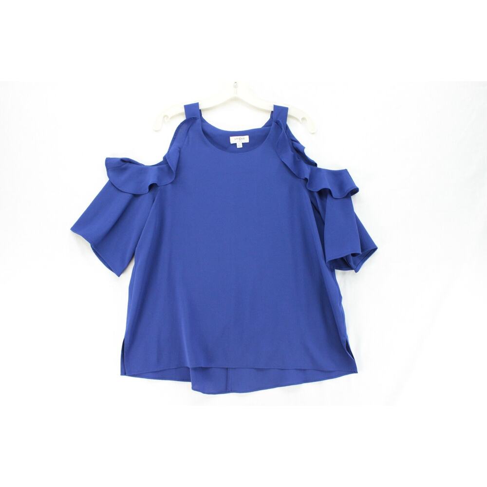 Umgee Top Womens Large Blue Ruffled Cold Shoulder Short Sleeve Boho Peasant